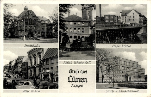 Postcard Lünen in Westphalia, town hall, old market, Lippe bridge, Schwansbell Castle