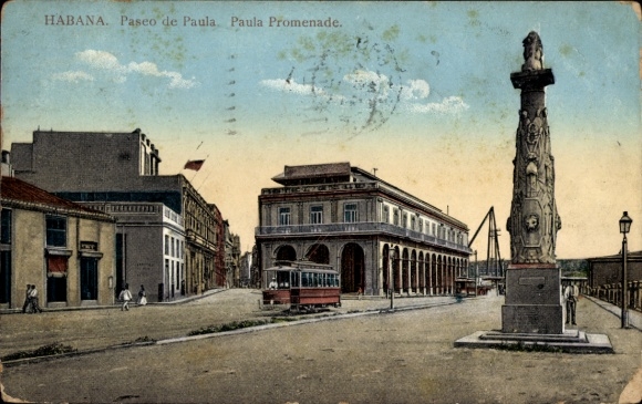 Postcard Havana Habana Cuba, Paseo de Paula, tram, statue