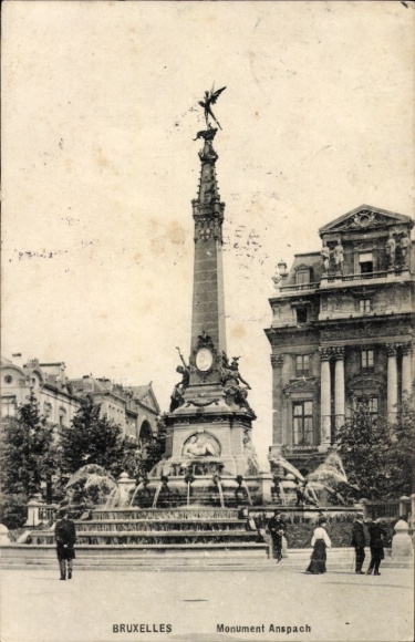 Postcard Bruxelles Brussels, Monument Anspach, fountain, people, trees, buildings