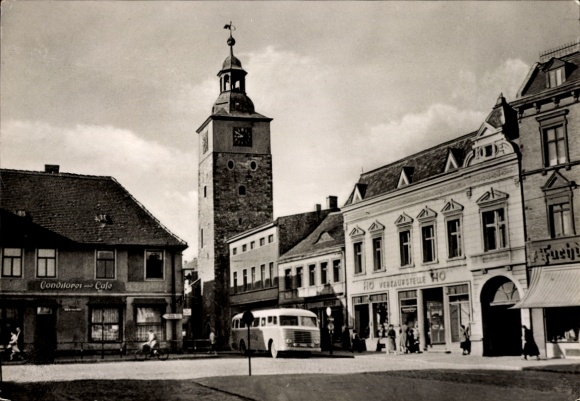Postcard Salzelmen Schönebeck an der Elbe, DSF Square, Confectionery Cafe, HO sales point, bus