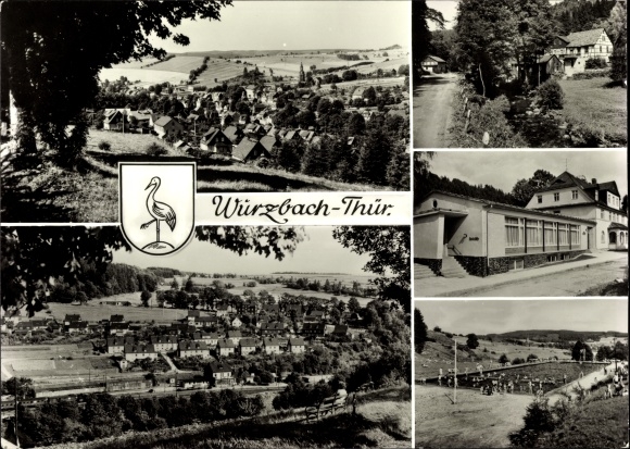 Postcard Wurzbach in Thuringia, view of the town, outdoor pool, coat of arms