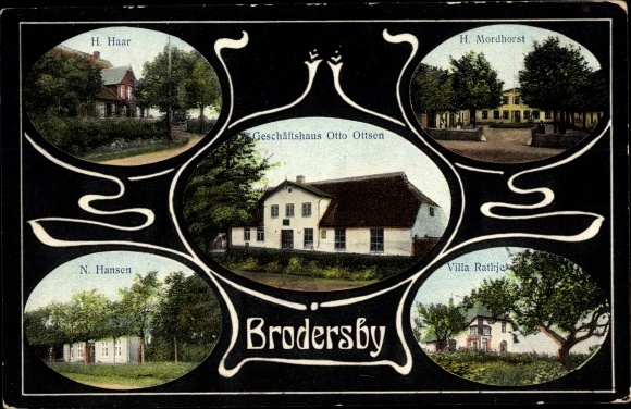 Ak Brodersby Goltoft in Angeln, Geschäftshaus Otto Ottsen, Villa Rathje, N. Hansen, Haar, Mordhorst
