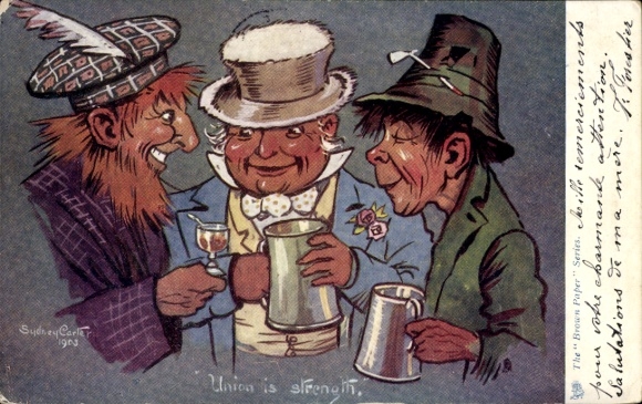 Kunstenaar Ak Carter, S., Groot-Brittannië, Unie, Drie mannen drinken alcohol