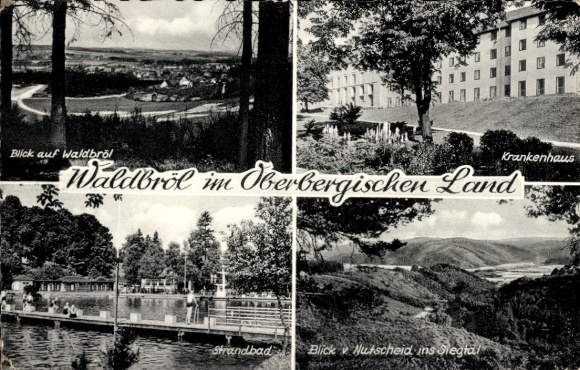 Postcard Waldbröl in the Oberbergischer Kreis, beach, hospital, Nutscheid, panorama