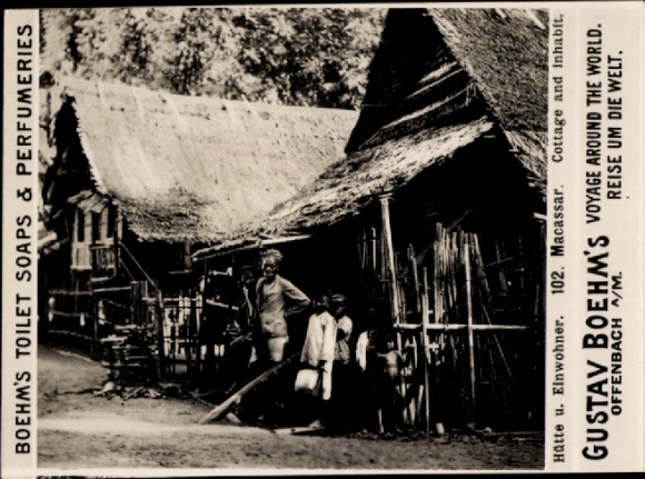 Photo Makassar Indonesia, hut and inhabitants, advertising Boehm's Toilet Soap