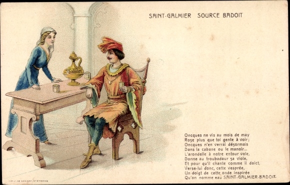 Postcard Saint Galmier Loire, Source Badoit, Oncques do not live in May Rose, Reklame