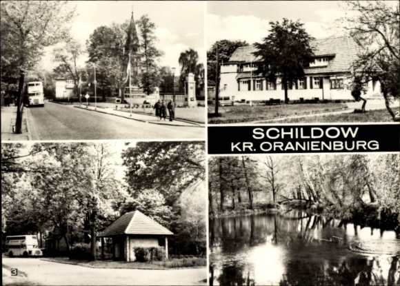Postcard Schildow in der Mark, black and white photographs, Oranienburg district, youth hostel, river, nature
