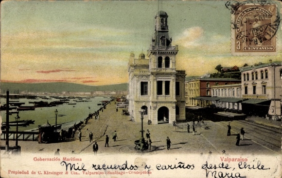 PC Valparaíso Chile, harbor view, maritime building, motif, text in Spanish
