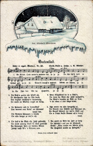Song Postcard Günther, Anton, Butznlied, parents&#39; house in winter, Ore Mountain dialect No. 22