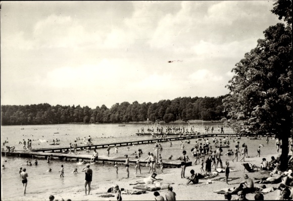 Postcard Biesenthal in Barnim, beach party at the outdoor pool from the Great Wukensee, bathers