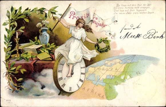 Chromo-Litho congratulations New Year, globe, woman on a clock, laurel