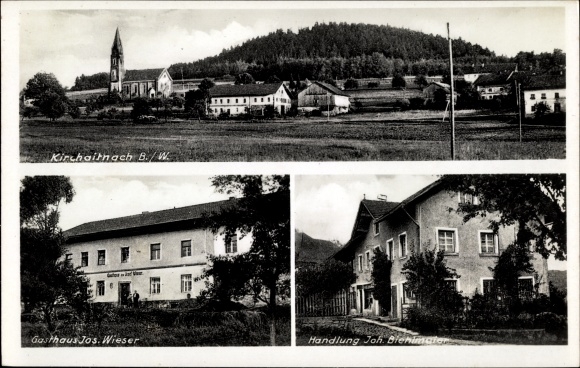 Ansichtkaart Kirchaitnach Kollnburg in Neder-Beieren, totaaloverzicht, kerk, Gasthaus Wieser, actie Biehlmaier