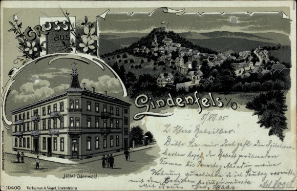 Moonlight Chromo-Litho Lindenfels Odenwald, Hotel Odenwald, Panorama