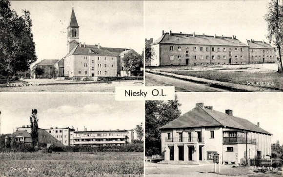 Postcard Niesky in Upper Lusatia, Zinzendorfplatz, Schillerstraße, Schauberg, Dwagplatz