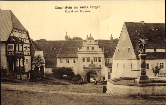 Postcard Lauenstein Altenberg in the Ore Mountains, market, fountain, bakery
