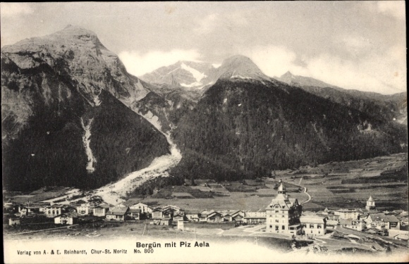 Postcard Bergün Bravuogn Filisur Canton of Graubünden, Bergün with Piz Aela, mountains, landscape, publisher A&E.