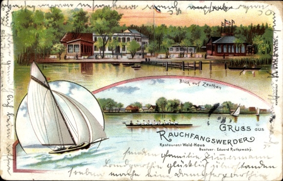 litho Berlin Köpenick Schmöckwitz Rauchfangswerder, Zeuthen, zeilboot, roeigezelschap