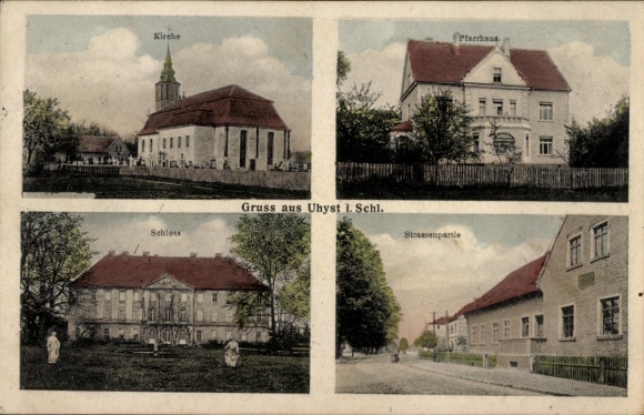 Postcard Uhyst an der Spree Boxberg Oberlausitz, church, rectory, castle, street section