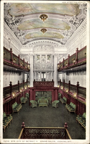Postcard Steamer City of Detroit, saloon, interior view