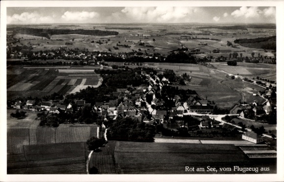 Postcard Rot am See Württemberg, aerial photograph of landscape, fields, clouds, historical