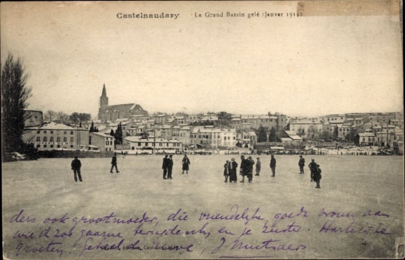 KP Castelnaudary Aude, powierzchnia lodu, ludzie na lodzie, zimowy krajobraz