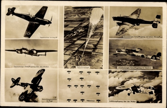 Ak Deutsche Luftwaffe, Kampfflugzeuge, Fallschirmjäger, Jagdeinsitzer, Stuka, Aufklärungsflugzeug