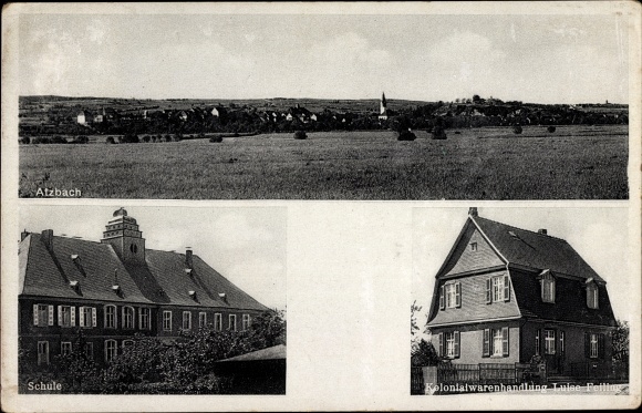 Postcard Atzbach Lahnau in Hesse, panorama, school, grocery store