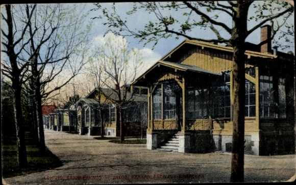 KP Leipzig, Saksońsko-Turyńska Wystawa 1897, krajobraz parkowy, drewniane domy, drzewa, ścieżka