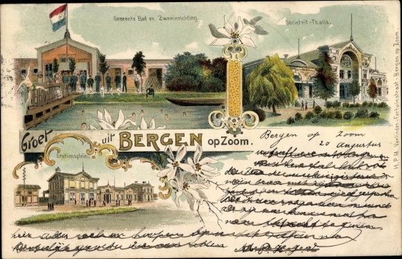 Chromo-Litho Bergen op Zoom North Brabant, Thalia, swimming pool, train station