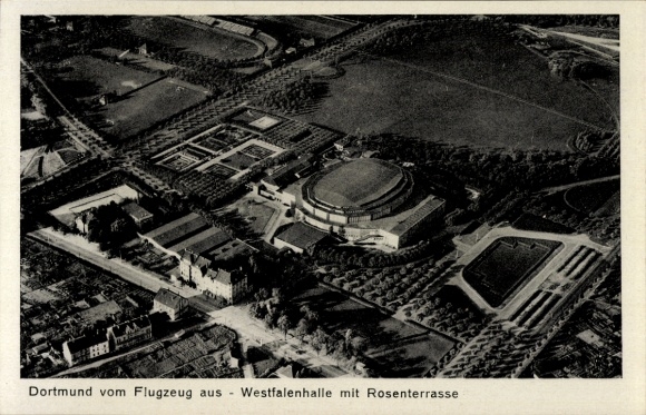 Postcard Dortmund in the Ruhr area, aerial photograph, Westfalenhalle, Rose Terrace