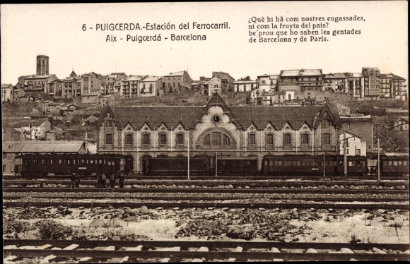 Postcard Puigcerda Catalonia, Estación del Ferrocarril, railway station, passenger train