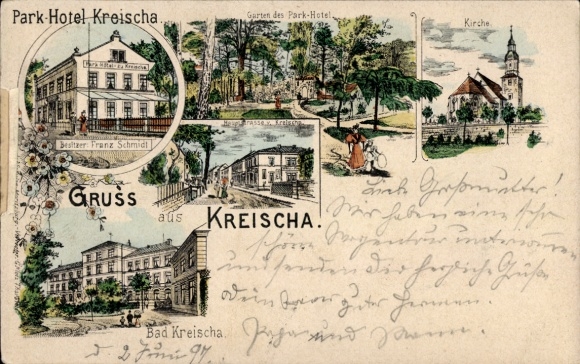 Chromo-Litho Kreischa in the Ore Mountains, Parkhotel Kreischa, Church, Main Street, Bath