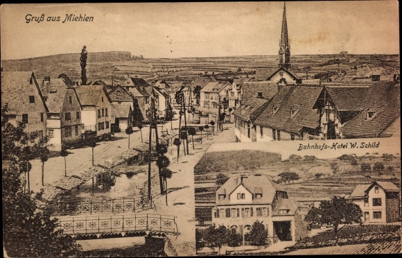 Postcard Miehlen im Taunus, view of the town, station hotel