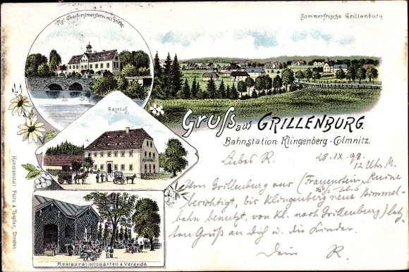 Chromo-Litho Grillenburg Tharandt in the Ore Mountains, chief forestry office with bridge, inn, restoration