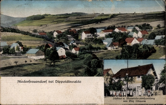 Postcard Niederfrauendorf Glashütte in the Eastern Ore Mountains, general view, bakery and shop Max Ullmann