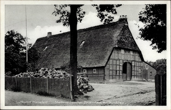 Ak Harsefeld in Nedersaksen, Nedersaksische boerderij, ooievaarsnest