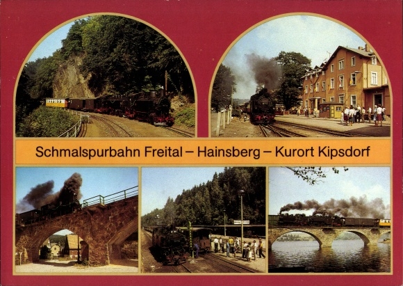 Postcard narrow gauge railway Freital Hainsberg Kipsdorf, viaduct in Malter, station Dippoldiswalde, Rabenau