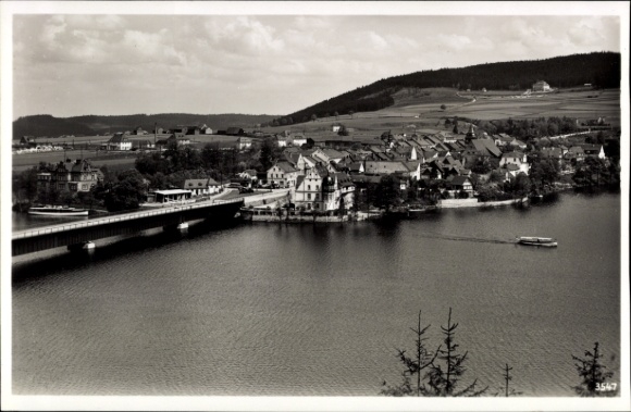 Postcard Saalburg in Thuringia, view of reservoir, houses, boat