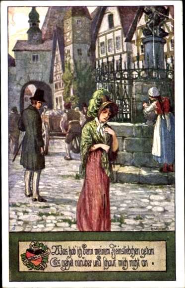 Artist Postcard Kutzer, Ernst, Man looks after a lady at the market