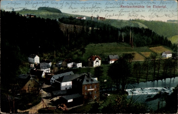 Postcard Rentzschmühle Pöhl in Vogtland, landscape photograph, Rentzschmühle, Elstertal, building, nature