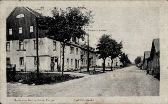 Postcard Reitzenhain Marienberg in the Ore Mountains, Ulimana's Gastbel, Greetings from the Ore Mountains, Bahnhofstraße,