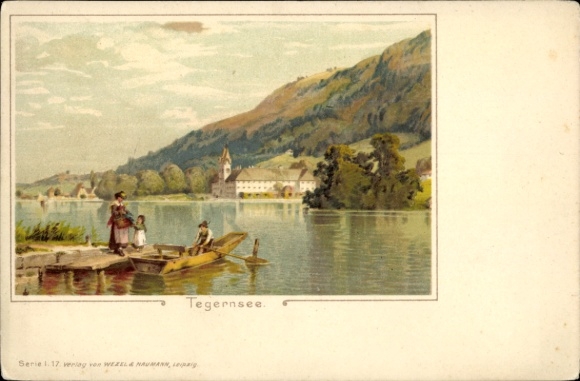 Artist Chromo-Litho Tegernsee District Miesbach Upper Bavaria, boat dock, house