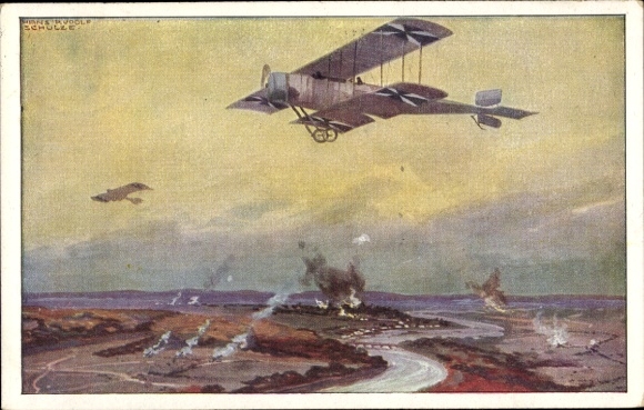 Artist Postcard Schulze, Hans Rudolf, Military biplane on reconnaissance flight on the Marne, I. WK