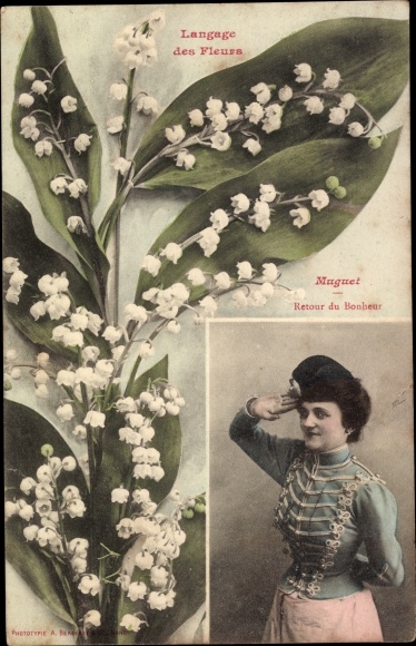 Postcard Language of Flowers, Blumensprache, Muguet, Return of Happiness, Maiglöckchen