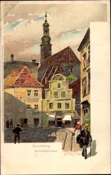 Kunstenaarskaart Bahndorf, Jelenia Góra Hirschberg Reuzengebergte Silezië, Bahnhofstrasse, kerk