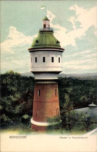 Postcard Hamburg Bergedorf, water and observation tower