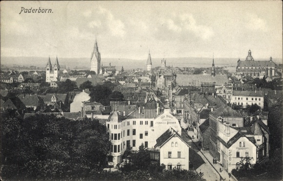 Postcard Paderborn in Westphalia, city view of Paderborn with cathedral, town hall and market church