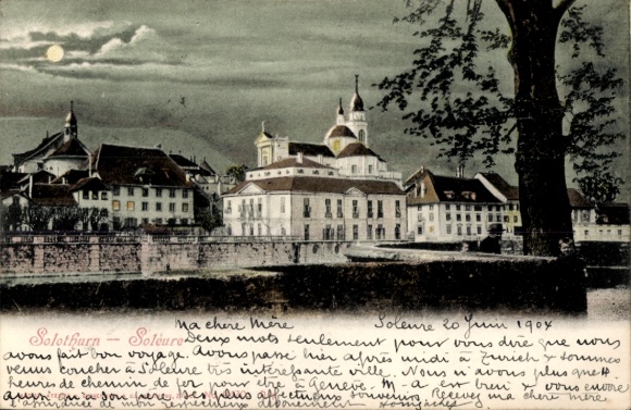 Postcard Solothurn city Switzerland, partial view in the moonlight