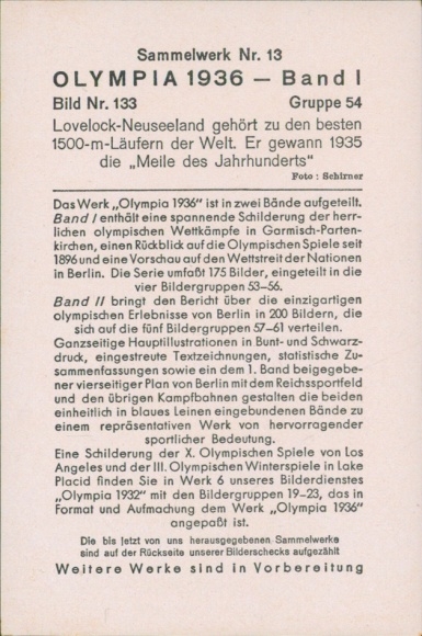 Collector's card Olympics 1936, 1500m runner Lovelock, New Zealand