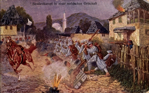 Artist Postcard Street Fight in a Serbian Village, World War I